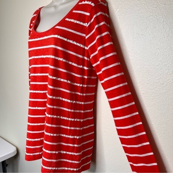 NWT Old Navy Long Sleeve Sparkle Red Stripe Scoop Neck Sequin T Shirt Women Med - Picture 3 of 13